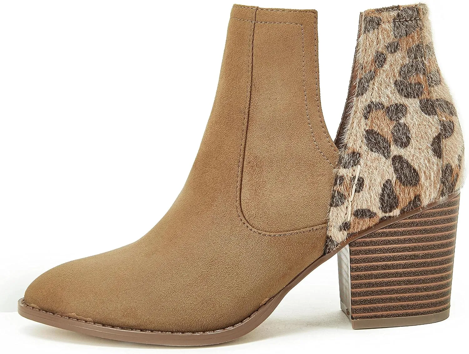 FISACE Womens Pointed Toe Stacked Mid Heel Ankle Boots V Cut Back Zipper Faux Leather Booties