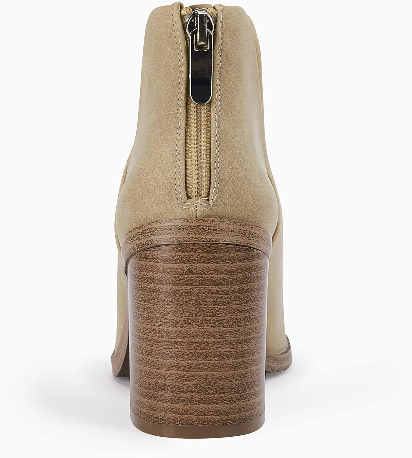 FISACE Womens Pointed Toe Stacked Mid Heel Ankle Boots V Cut Back Zipper Faux Leather Booties
