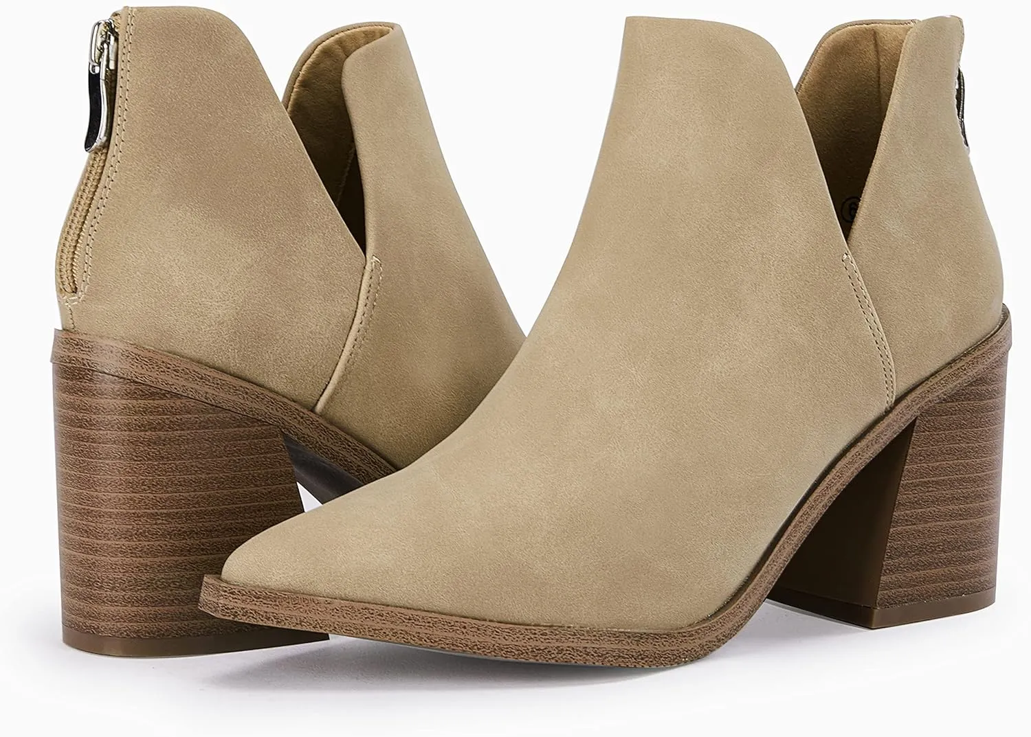 FISACE Womens Pointed Toe Stacked Mid Heel Ankle Boots V Cut Back Zipper Faux Leather Booties