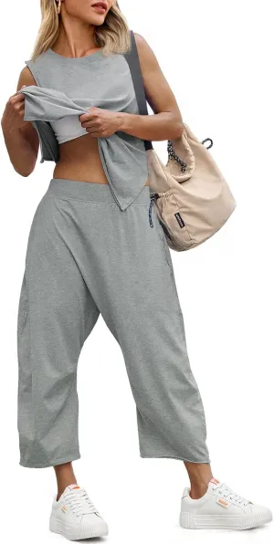 Fisoew Women's Summer 2 Piece Outfits Sleeveless Tank Tops and Wide Leg Pocketed Pants Workout Sweat Sets