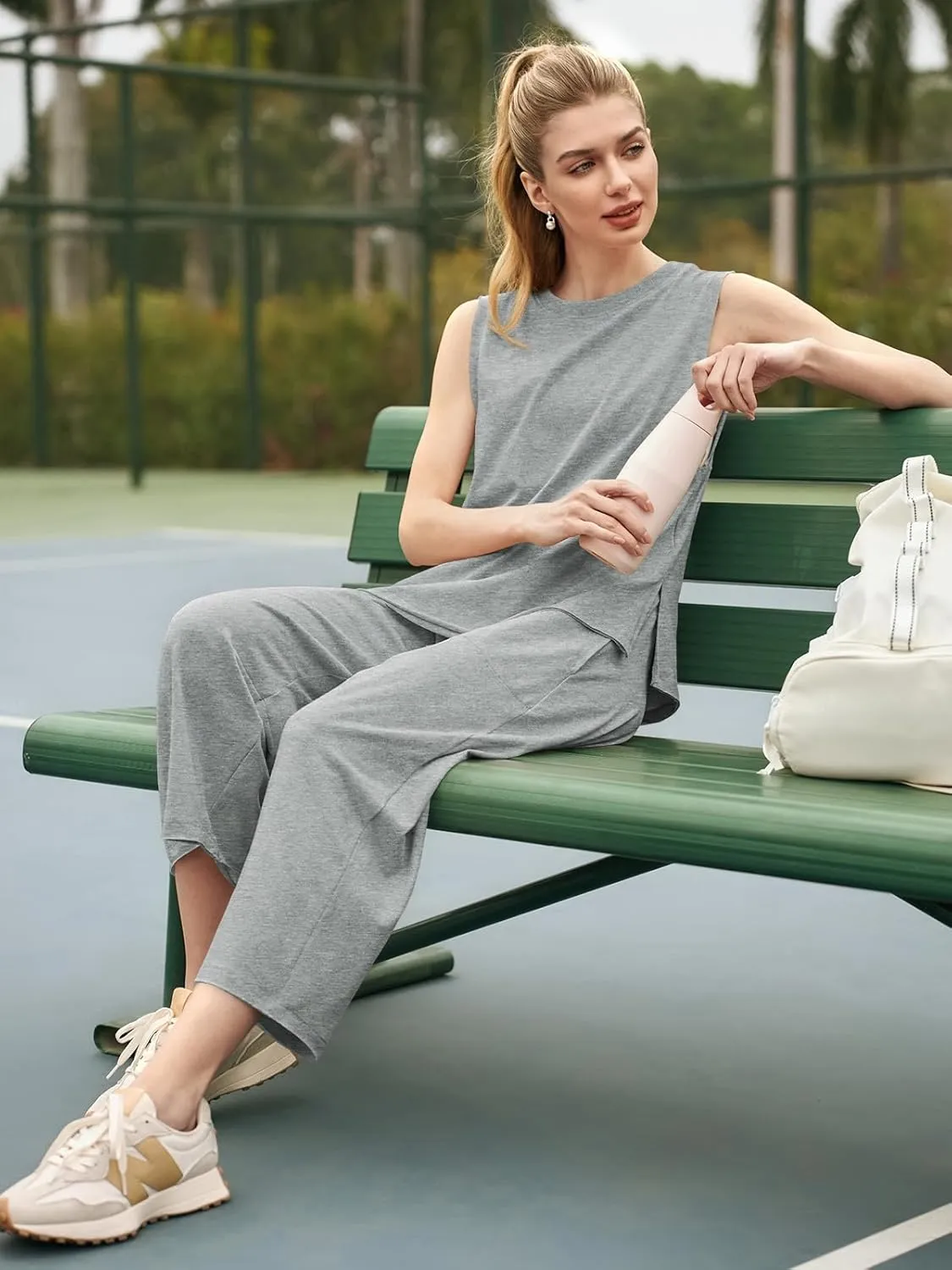 Fisoew Women's Summer 2 Piece Outfits Sleeveless Tank Tops and Wide Leg Pocketed Pants Workout Sweat Sets