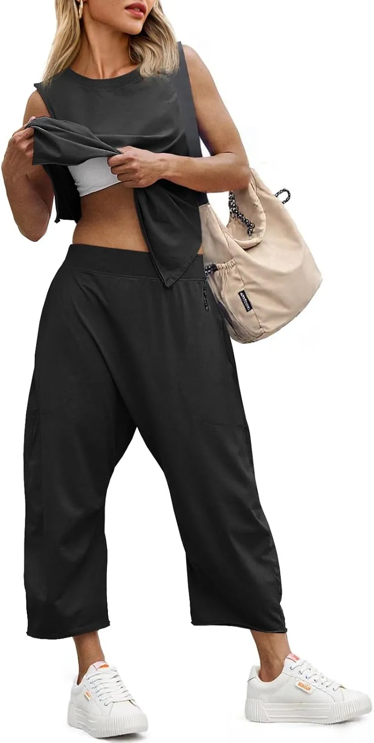 Fisoew Women's Summer 2 Piece Outfits Sleeveless Tank Tops and Wide Leg Pocketed Pants Workout Sweat Sets