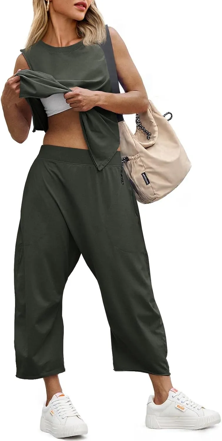 Fisoew Women's Summer 2 Piece Outfits Sleeveless Tank Tops and Wide Leg Pocketed Pants Workout Sweat Sets