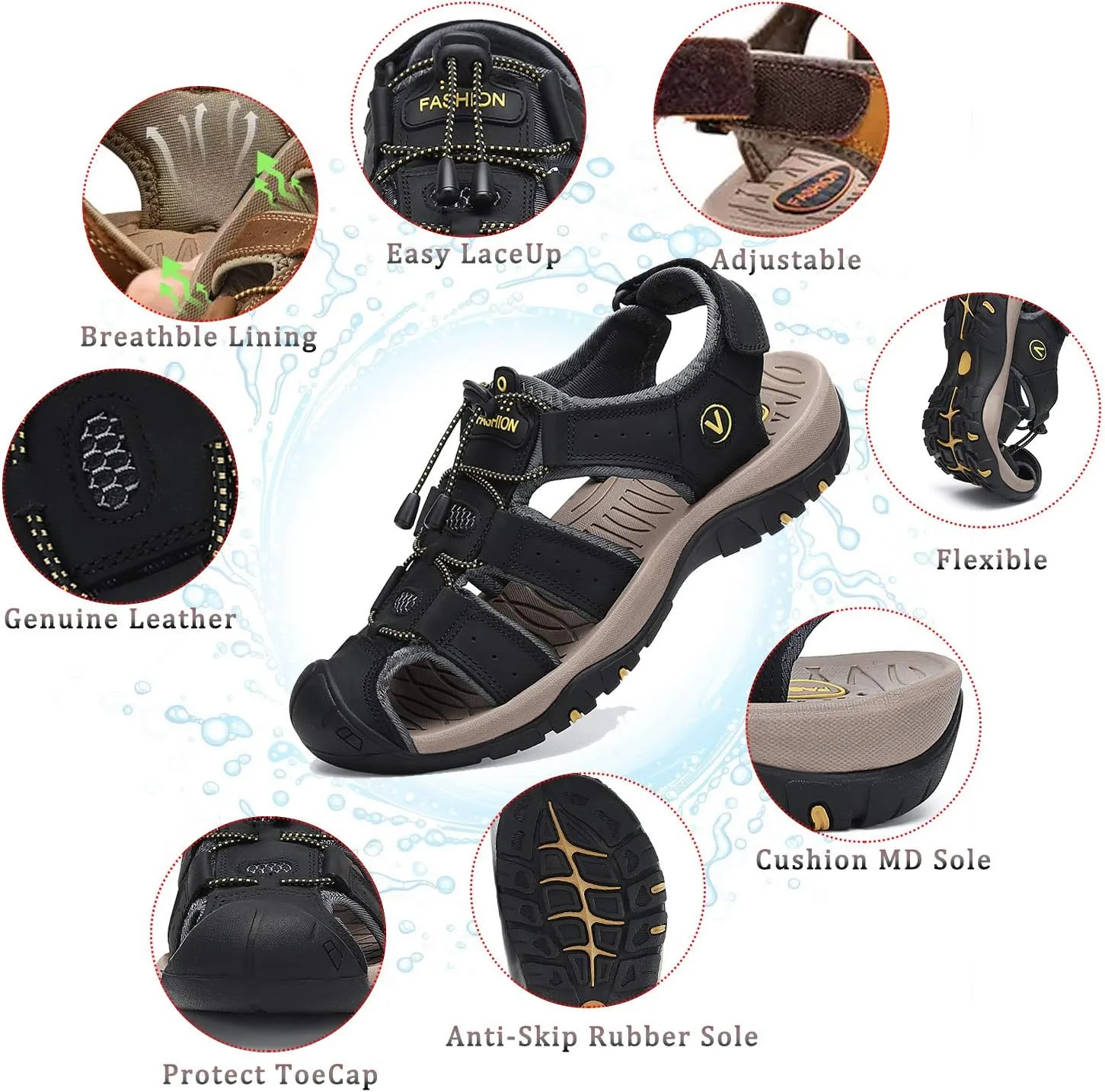 FLARUT Men's Sport Sandals Outdoor Hiking Sandals Closed Toe Leather Athletic Lightweight Trail Walking Casual Sandals Water Shoes
