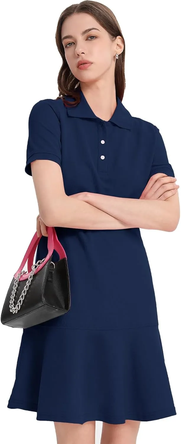 Flygo Womens Polo Dress Collared Short Sleeve Ruffle Golf Tennis T Shirt Sports Workout Mini Summer Dresses Tunic Pique
