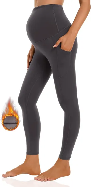 Foucome Women's Maternity Fleece Lined Leggings with Pockets Over The Belly Pregnancy Winter Warm Workout Yoga Pants