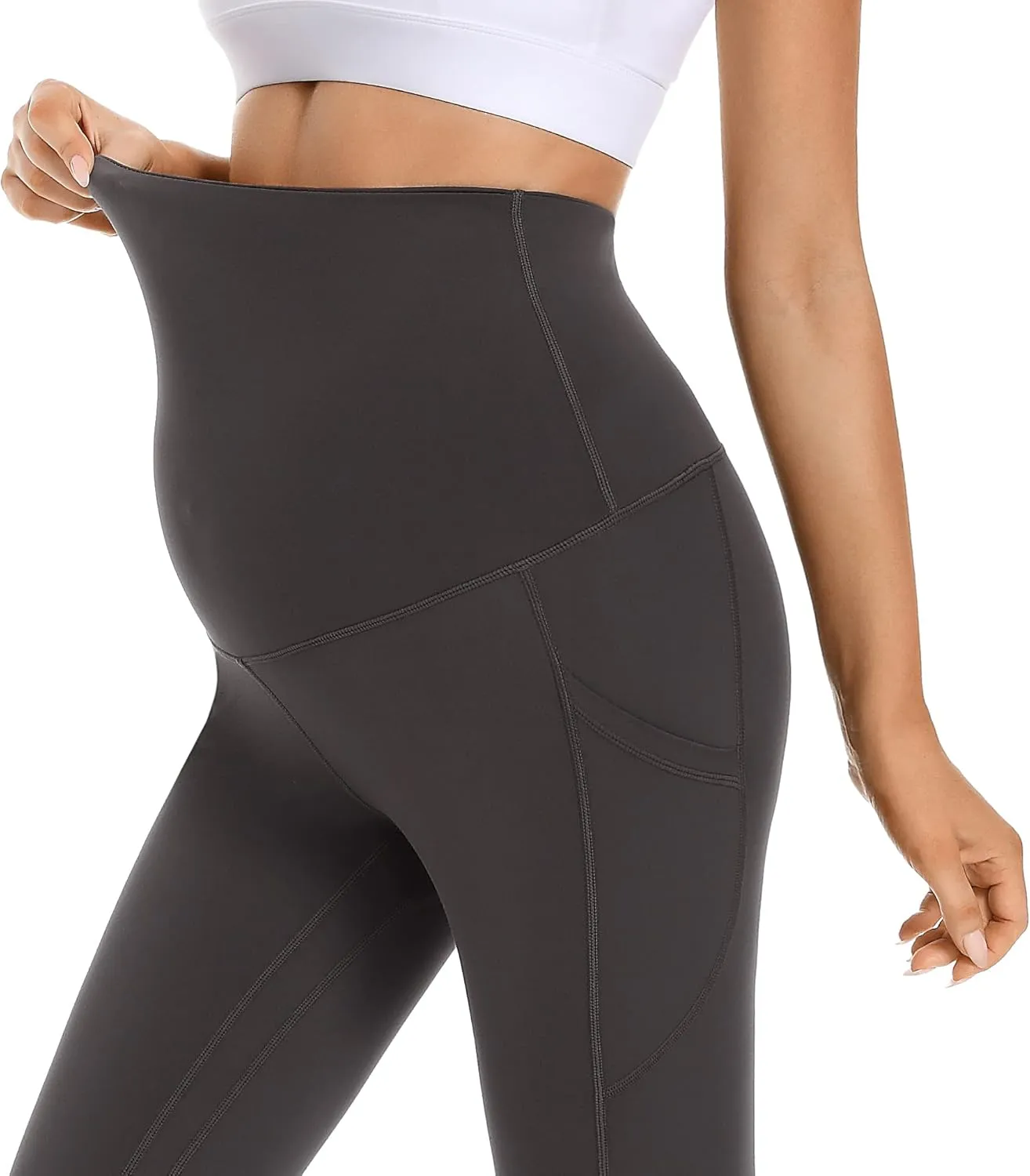 Foucome Women's Maternity Fleece Lined Leggings with Pockets Over The Belly Pregnancy Winter Warm Workout Yoga Pants