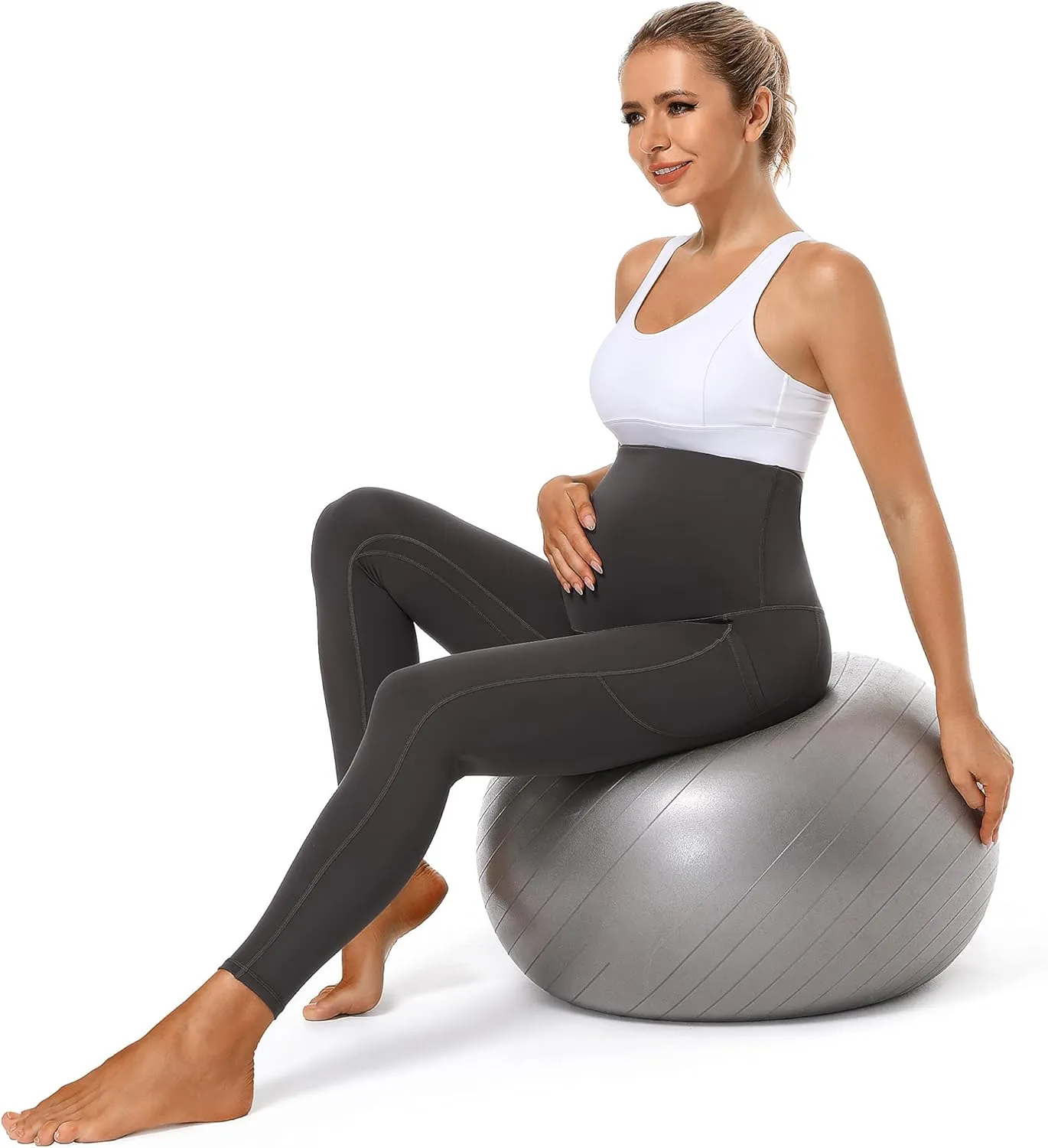 Foucome Women's Maternity Fleece Lined Leggings with Pockets Over The Belly Pregnancy Winter Warm Workout Yoga Pants
