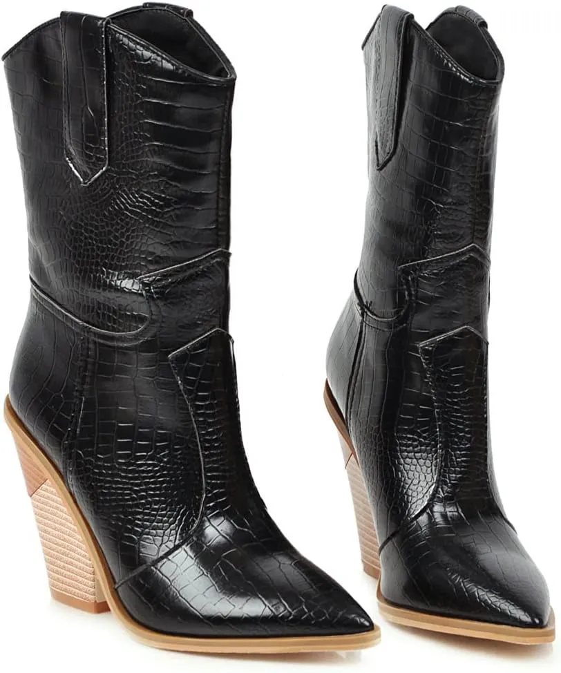 FOWT Women’s Crocodile Embossed Knee High Cowgirls Boots High Stacked Heels Wedge Long Booties Pull On Cowboy Bootie Pointed Toe Shoes Winter Fall Warm Work Daily Shoes Size 6-12 US