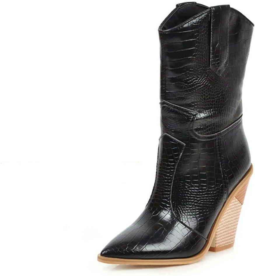 FOWT Women’s Crocodile Embossed Knee High Cowgirls Boots High Stacked Heels Wedge Long Booties Pull On Cowboy Bootie Pointed Toe Shoes Winter Fall Warm Work Daily Shoes Size 6-12 US