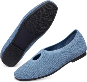 Frank Mully Women's Knit Flats Teardrop Upper Square-Toe Style Shoes Lightweight Flats for Women Comfortable Slip on Flats for Work Wedding Office