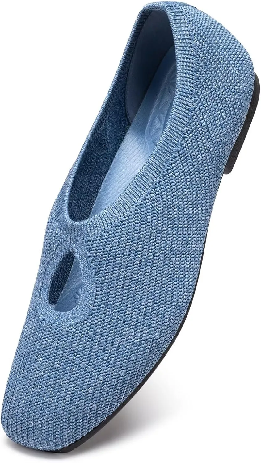 Frank Mully Women's Knit Flats Teardrop Upper Square-Toe Style Shoes Lightweight Flats for Women Comfortable Slip on Flats for Work Wedding Office