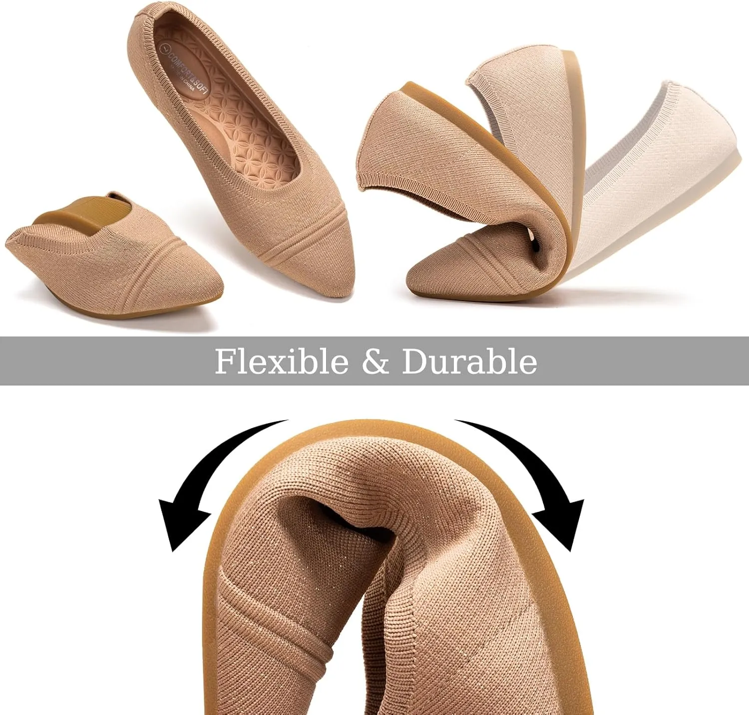Frank Mully Women's Pointed Toe Flats Slip On Flat Knit Ballet Flats Shoes Women Dressy Comfortable Work Flats Office Shoes