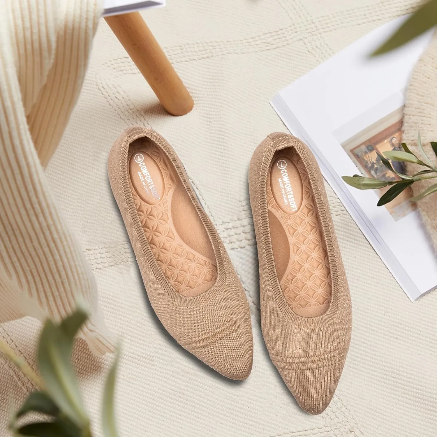 Frank Mully Women's Pointed Toe Flats Slip On Flat Knit Ballet Flats Shoes Women Dressy Comfortable Work Flats Office Shoes