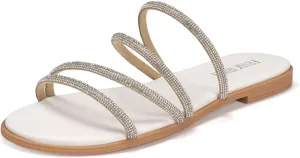 Frank Mully Womens Slide Sandals Open Toe Rhinestone Straps Slip On Beach Slide Casual Dressy Flats Sandal for Women Summer