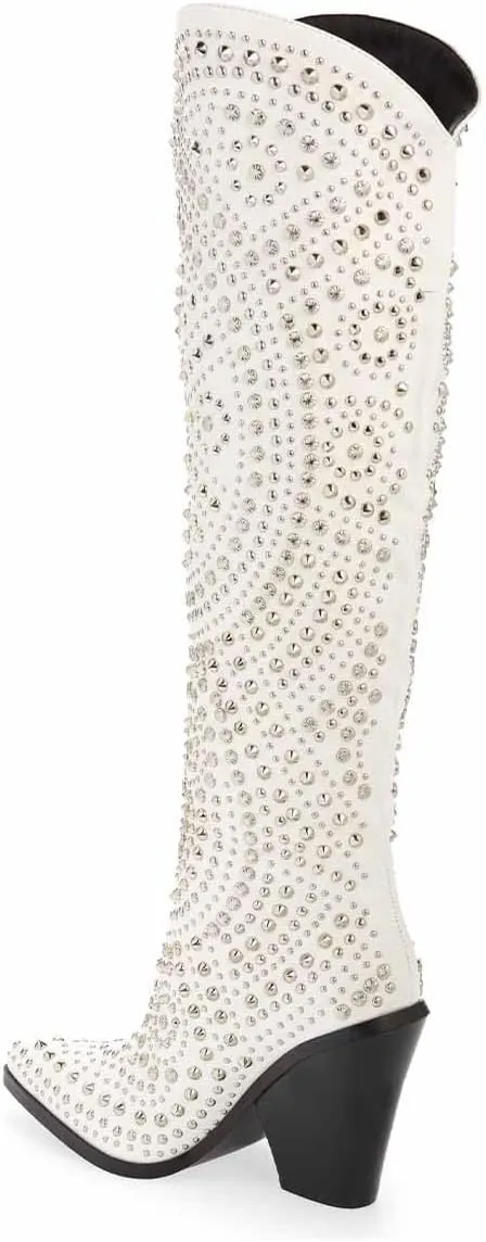 FSJ Women Cowboy Boots Pointed Toe Studded Rivets Knee High Boots Block Heels Western Wedding Date Travel Dress Shoes Size 4-16 US