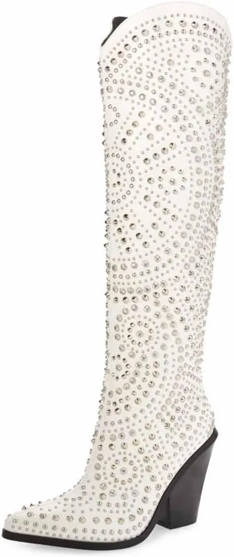 FSJ Women Cowboy Boots Pointed Toe Studded Rivets Knee High Boots Block Heels Western Wedding Date Travel Dress Shoes Size 4-16 US