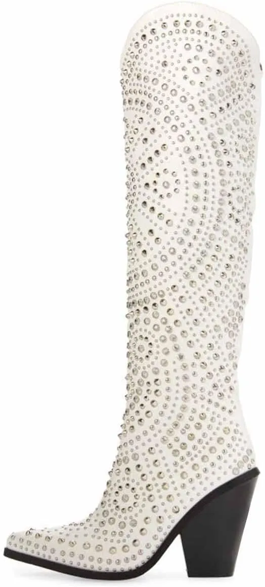 FSJ Women Cowboy Boots Pointed Toe Studded Rivets Knee High Boots Block Heels Western Wedding Date Travel Dress Shoes Size 4-16 US