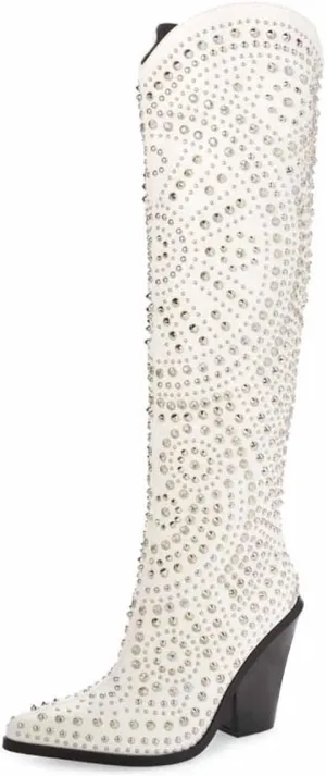 FSJ Women Cowboy Boots Pointed Toe Studded Rivets Knee High Boots Block Heels Western Wedding Date Travel Dress Shoes Size 4-16 US