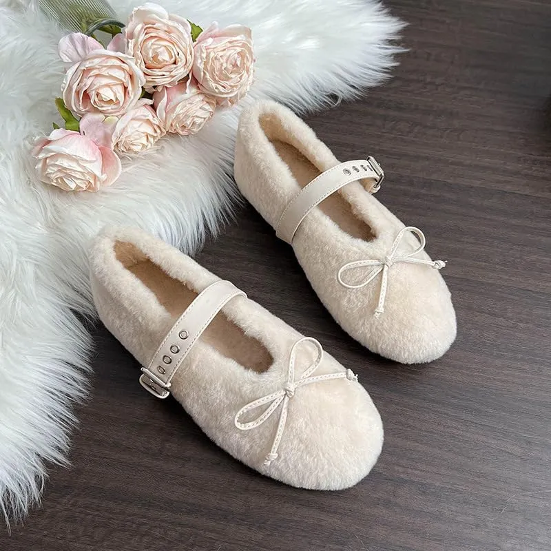 Fur Ballet Flats for Women Mary Jane Flats Buckle Strap Comfy Ballerina Flat Shoes Cute Casual Faux Fur Shoes