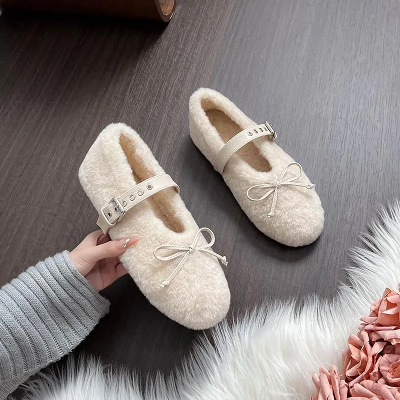 Fur Ballet Flats for Women Mary Jane Flats Buckle Strap Comfy Ballerina Flat Shoes Cute Casual Faux Fur Shoes
