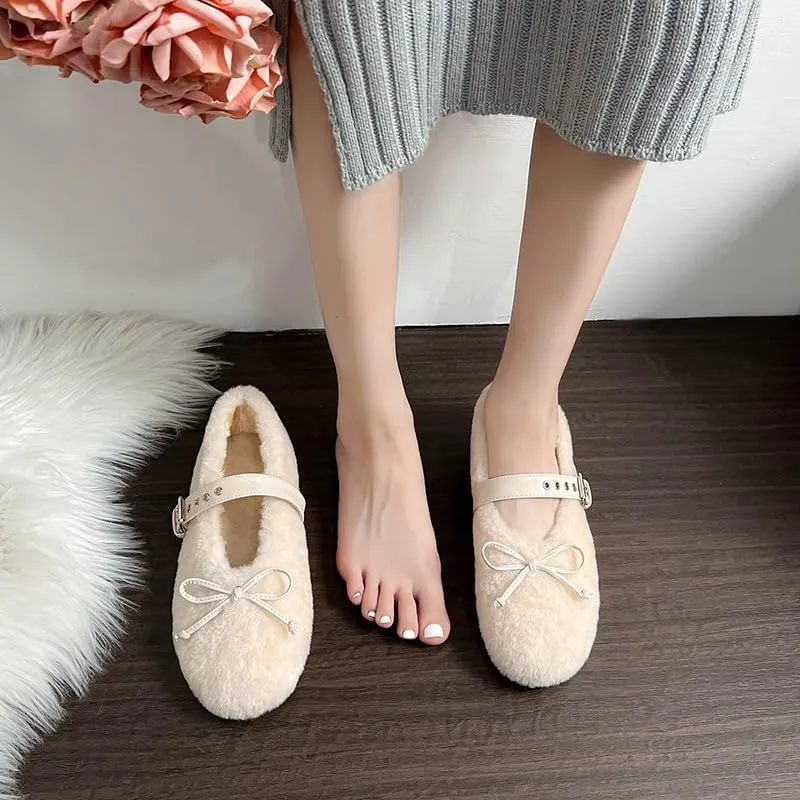 Fur Ballet Flats for Women Mary Jane Flats Buckle Strap Comfy Ballerina Flat Shoes Cute Casual Faux Fur Shoes