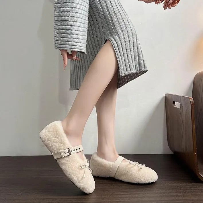 Fur Ballet Flats for Women Mary Jane Flats Buckle Strap Comfy Ballerina Flat Shoes Cute Casual Faux Fur Shoes