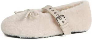 Fur Ballet Flats for Women Mary Jane Flats Buckle Strap Comfy Ballerina Flat Shoes Cute Casual Faux Fur Shoes