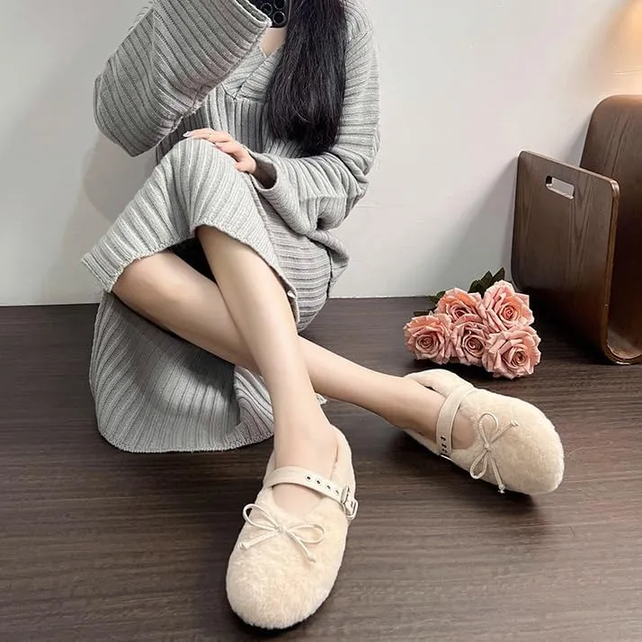 Fur Ballet Flats for Women Mary Jane Flats Buckle Strap Comfy Ballerina Flat Shoes Cute Casual Faux Fur Shoes