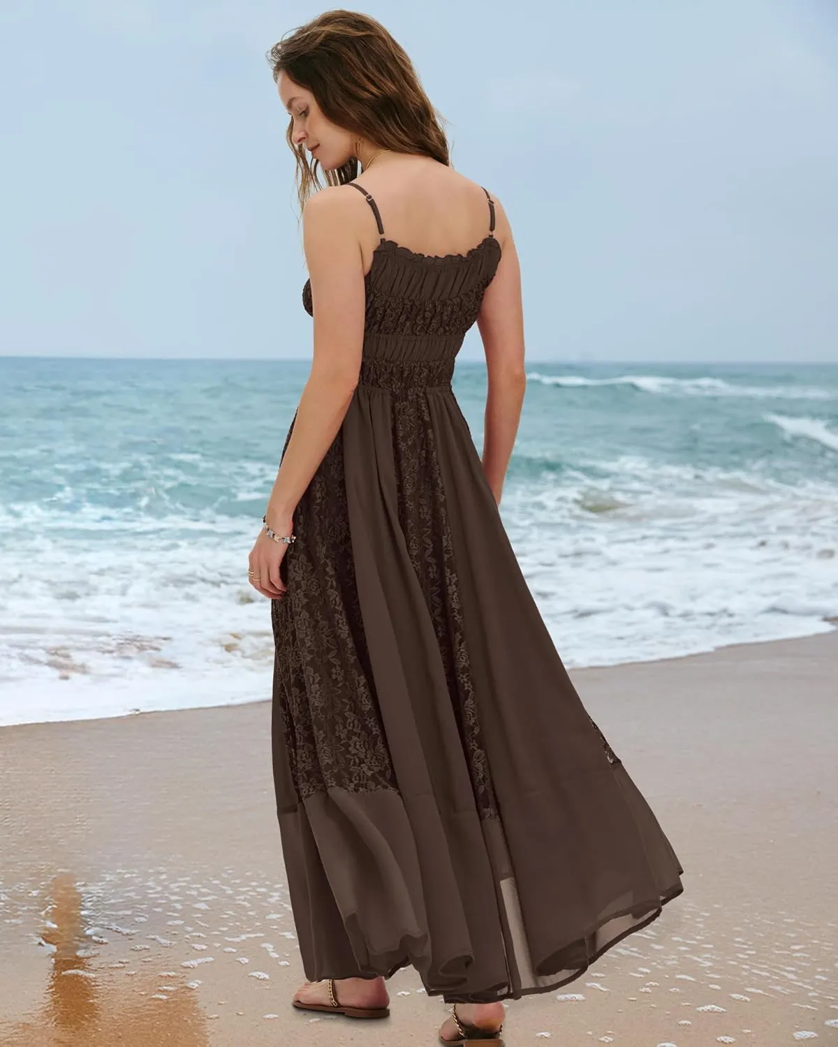 Gacaky Summer Dress for Women Casual Lace Floral Embroidered Bohemian Maxi Dress Flowy A Line Beach Long Dress