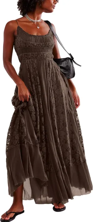 Gacaky Summer Dress for Women Casual Lace Floral Embroidered Bohemian Maxi Dress Flowy A Line Beach Long Dress