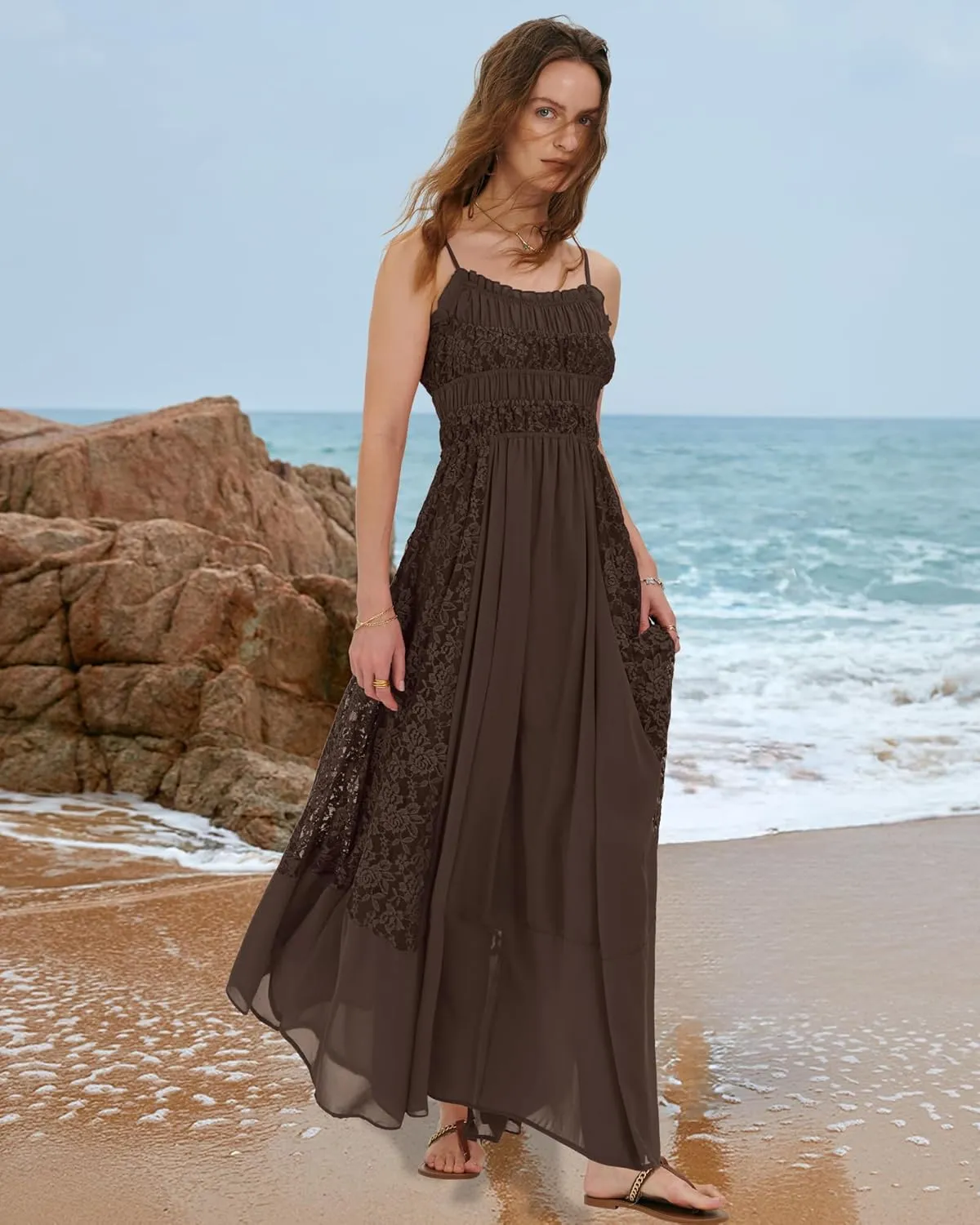 Gacaky Summer Dress for Women Casual Lace Floral Embroidered Bohemian Maxi Dress Flowy A Line Beach Long Dress