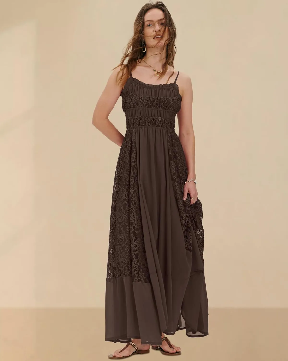 Gacaky Summer Dress for Women Casual Lace Floral Embroidered Bohemian Maxi Dress Flowy A Line Beach Long Dress