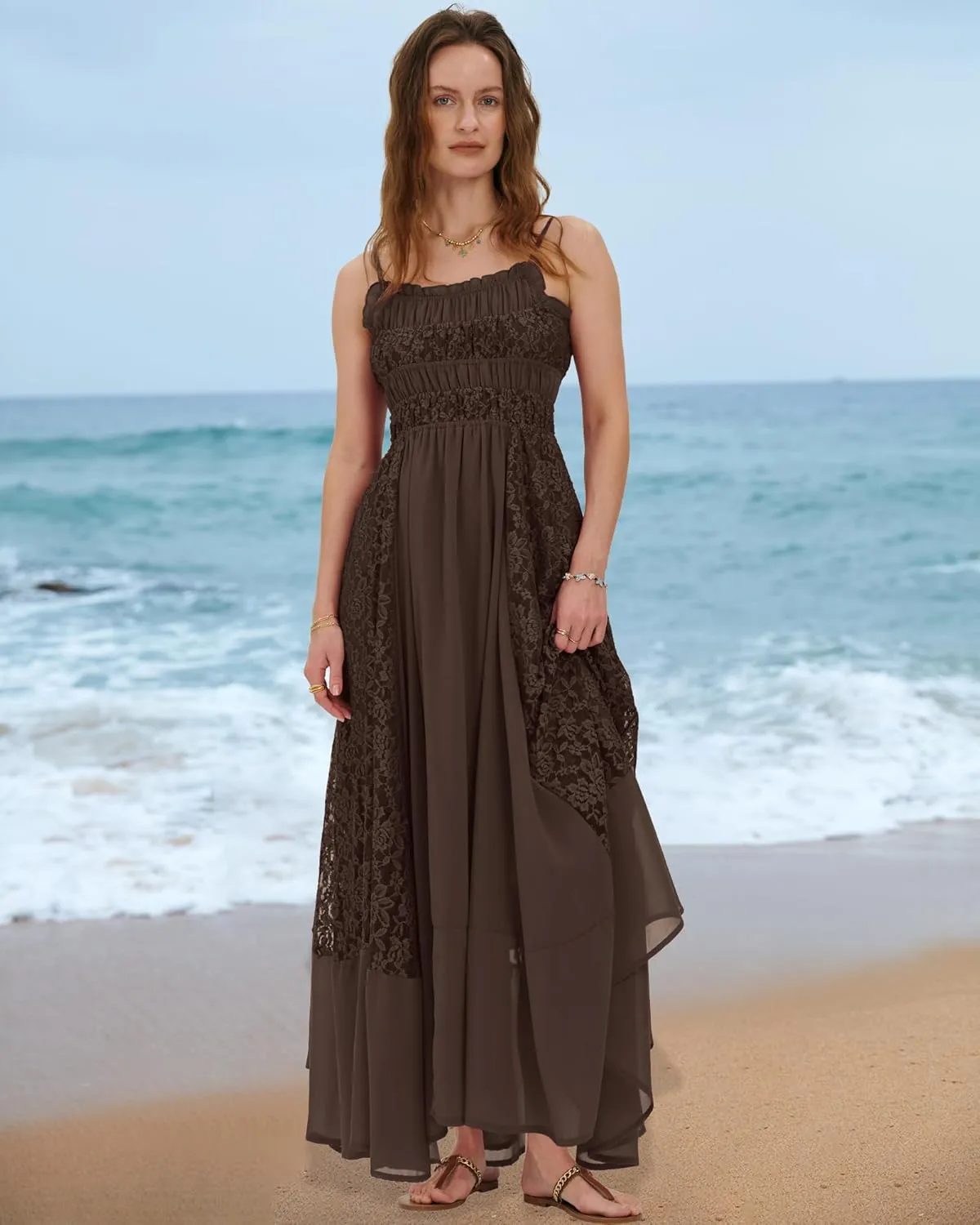 Gacaky Summer Dress for Women Casual Lace Floral Embroidered Bohemian Maxi Dress Flowy A Line Beach Long Dress