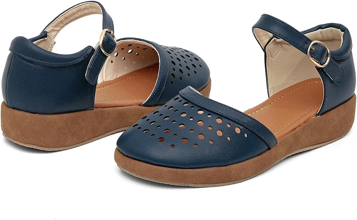 GATUXUS Women's Low Wedge Ankle Strap Buckle Flats Shoes Closed Toe Roman Cage Cusual Flat Sandals