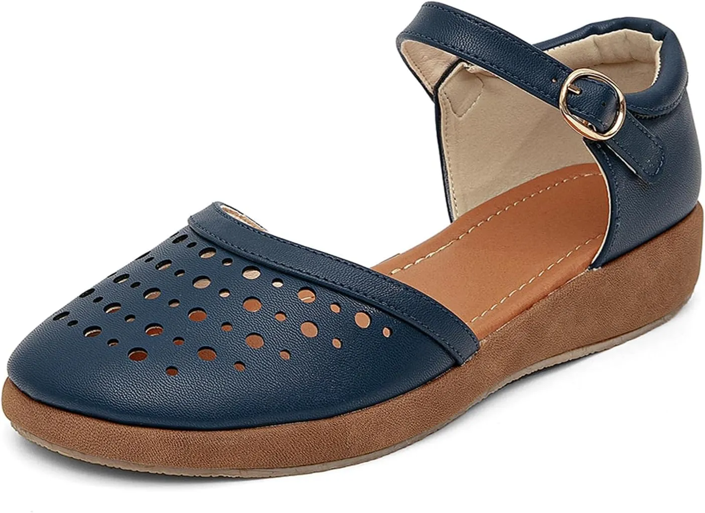 GATUXUS Women's Low Wedge Ankle Strap Buckle Flats Shoes Closed Toe Roman Cage Cusual Flat Sandals
