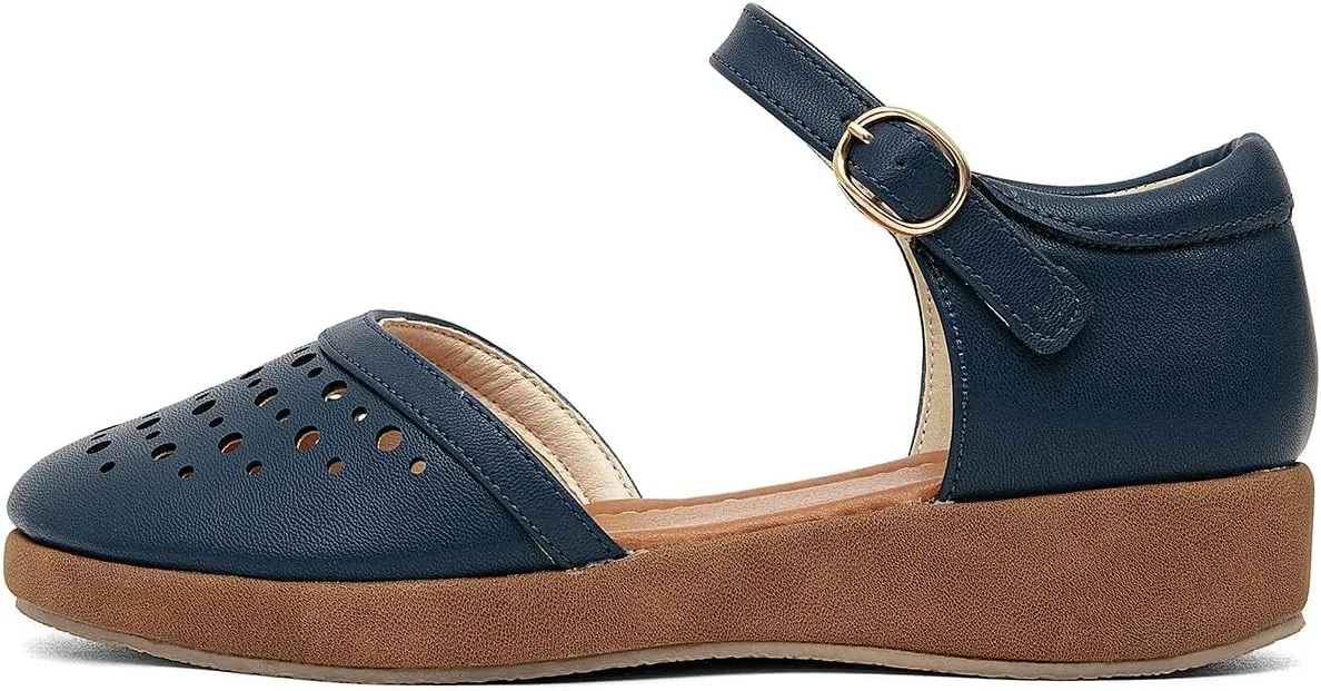 GATUXUS Women's Low Wedge Ankle Strap Buckle Flats Shoes Closed Toe Roman Cage Cusual Flat Sandals
