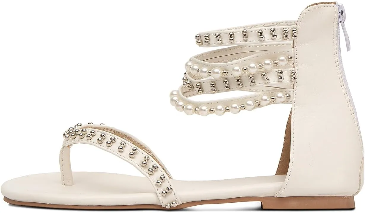 GATUXUS Women's Pearls Thong Flats Sandals Beads Ankle Strappy Back Zipper Flip Flops Dress Sandals Shoes
