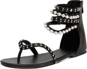 GATUXUS Women's Pearls Thong Flats Sandals Beads Ankle Strappy Back Zipper Flip Flops Dress Sandals Shoes