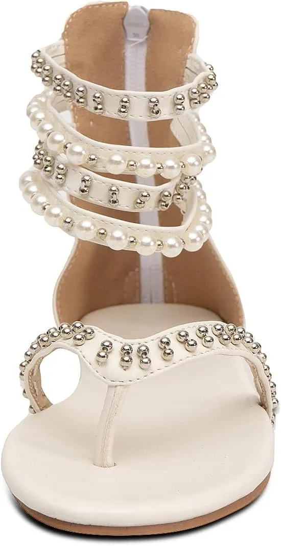 GATUXUS Women's Pearls Thong Flats Sandals Beads Ankle Strappy Back Zipper Flip Flops Dress Sandals Shoes