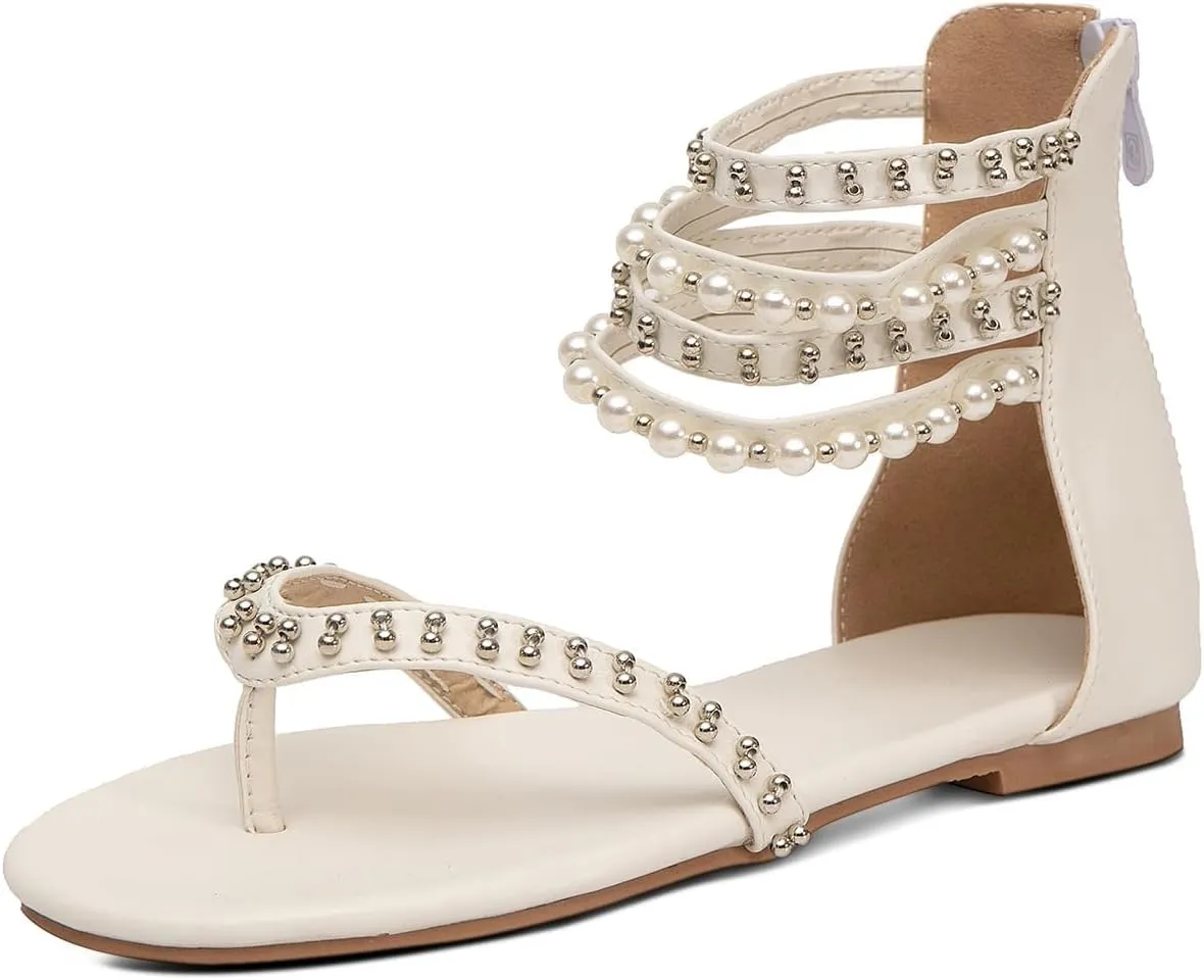 GATUXUS Women's Pearls Thong Flats Sandals Beads Ankle Strappy Back Zipper Flip Flops Dress Sandals Shoes