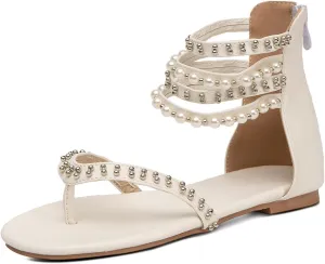 GATUXUS Women's Pearls Thong Flats Sandals Beads Ankle Strappy Back Zipper Flip Flops Dress Sandals Shoes