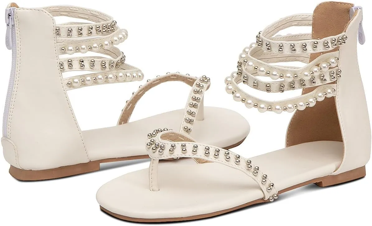 GATUXUS Women's Pearls Thong Flats Sandals Beads Ankle Strappy Back Zipper Flip Flops Dress Sandals Shoes