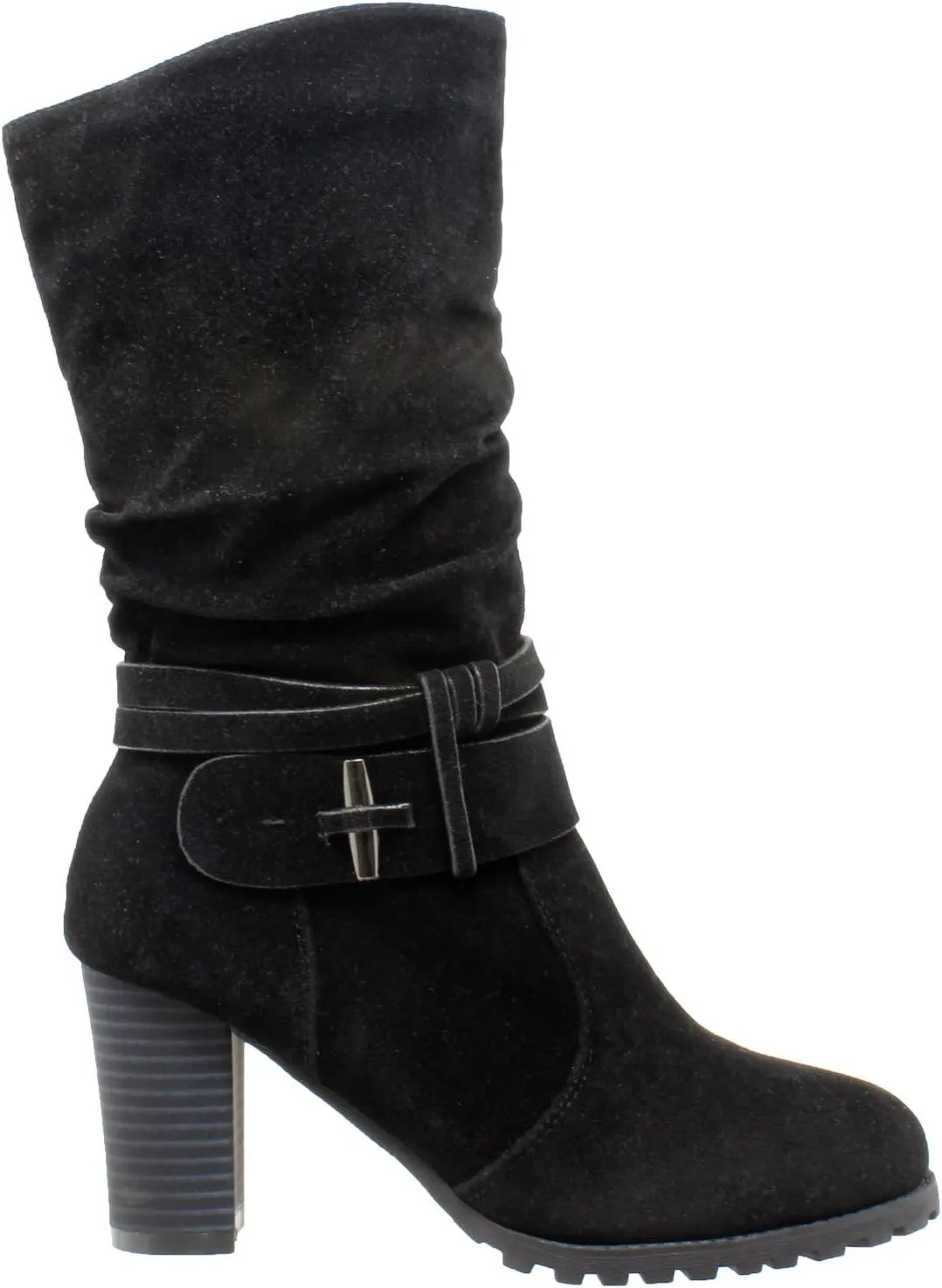 Generation Y Women's Mid Calf Boots Ruched Strappy Stacked Block Heels Booties