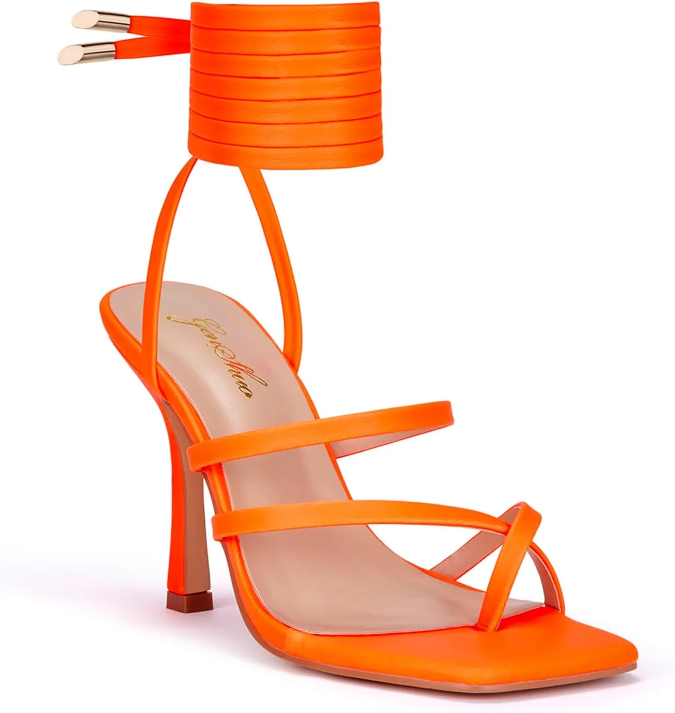 GENSHUO Women's heeled Sandals Stiletto Strappy Heels Sexy Open Square Toe Lace up Stilettos Party Wedding Dress Shoes