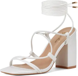 GENSHUO Women's Strappy Chunky Heels Sandals, Lace Up Square Open Toe Ankle Wrap Block Heeled Homecoming Wedding Dress Shoes