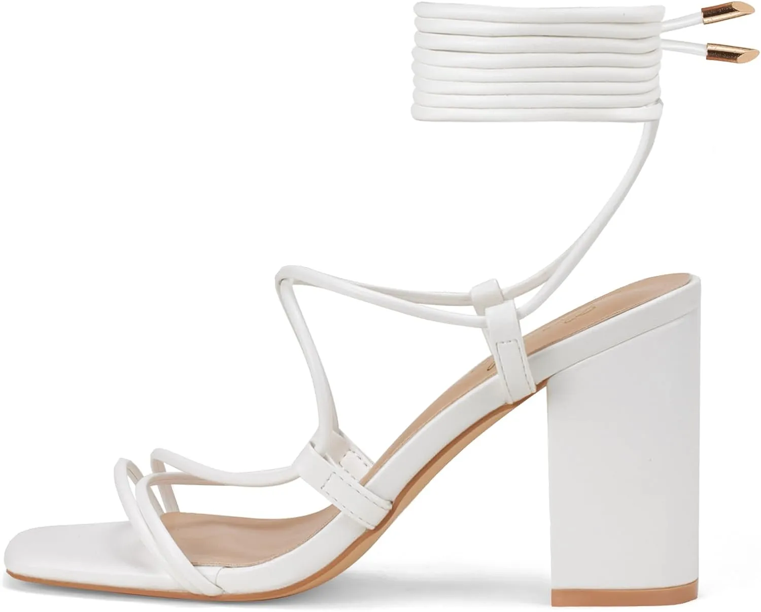 GENSHUO Women's Strappy Chunky Heels Sandals, Lace Up Square Open Toe Ankle Wrap Block Heeled Homecoming Wedding Dress Shoes