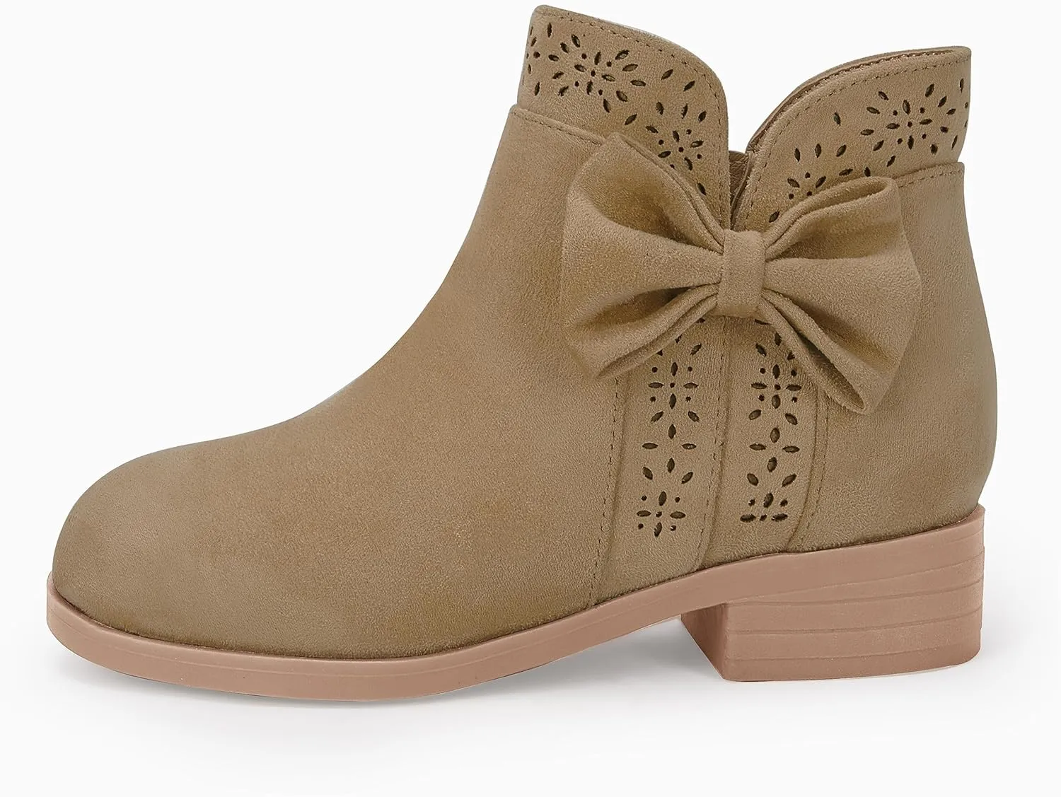Girls Kids Bow Knot Ankle Boots Faux Suede V Cutout Low Stacked Heel Side Zipper Chelsea Shoes