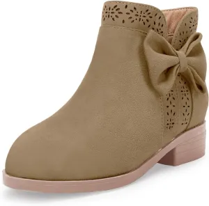 Girls Kids Bow Knot Ankle Boots Faux Suede V Cutout Low Stacked Heel Side Zipper Chelsea Shoes