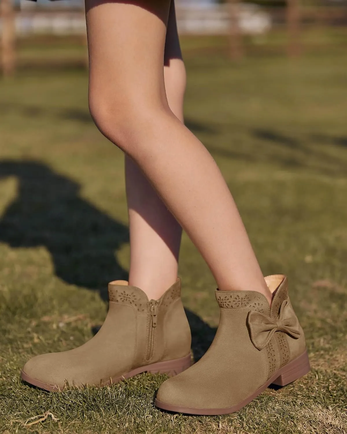 Girls Kids Bow Knot Ankle Boots Faux Suede V Cutout Low Stacked Heel Side Zipper Chelsea Shoes